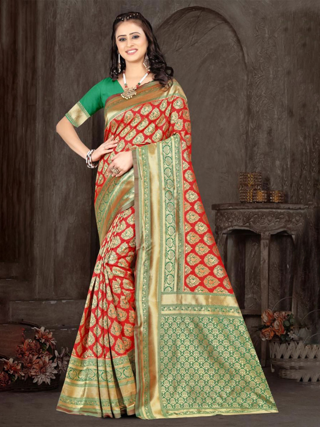 F FASHION Woven Design Zari Banarasi Saree With Blouse Piece