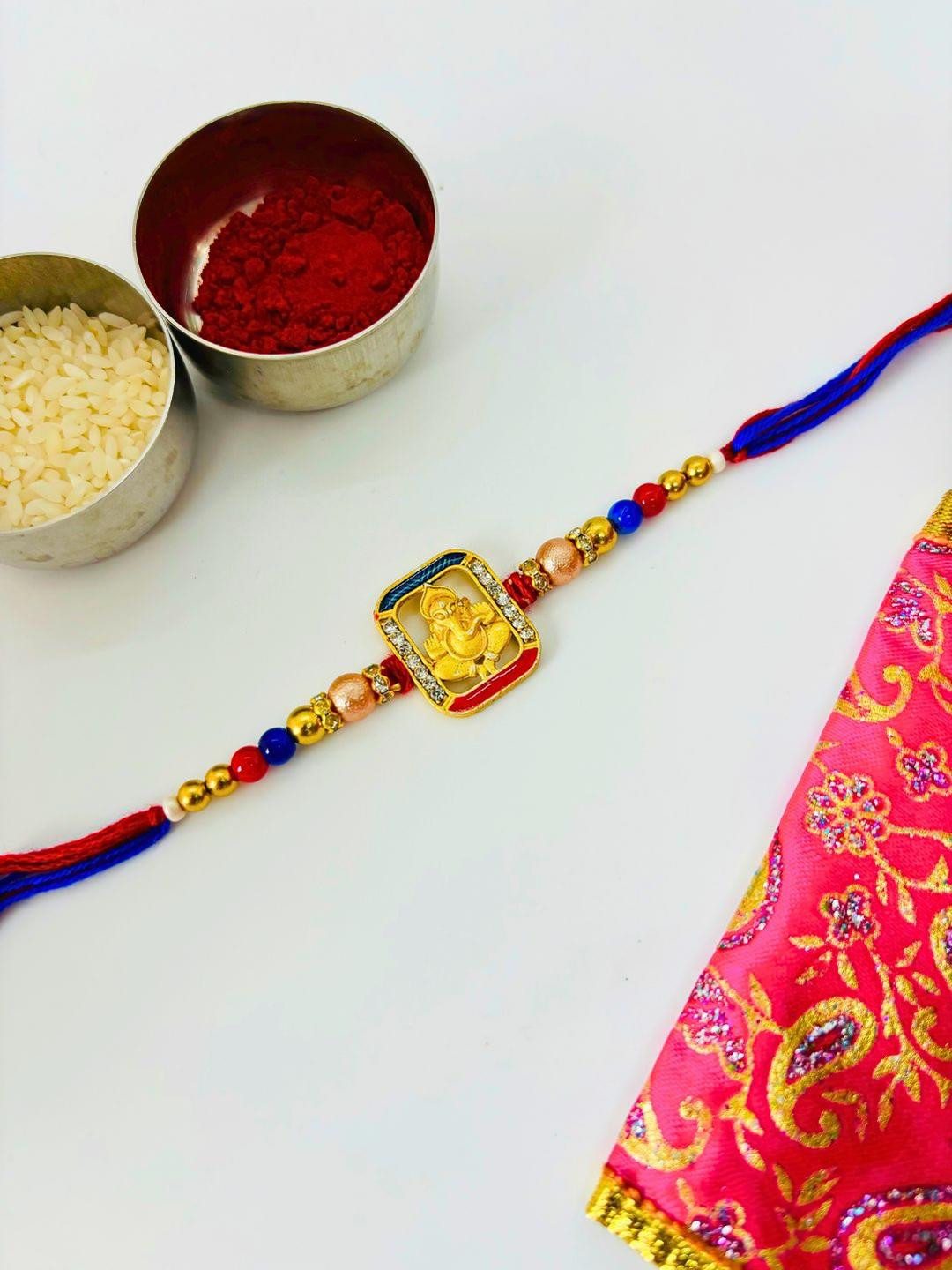 Ganeshji Stone Studded & Beaded Thread Rakhi Traditional Handmade Rakhi for Brother
