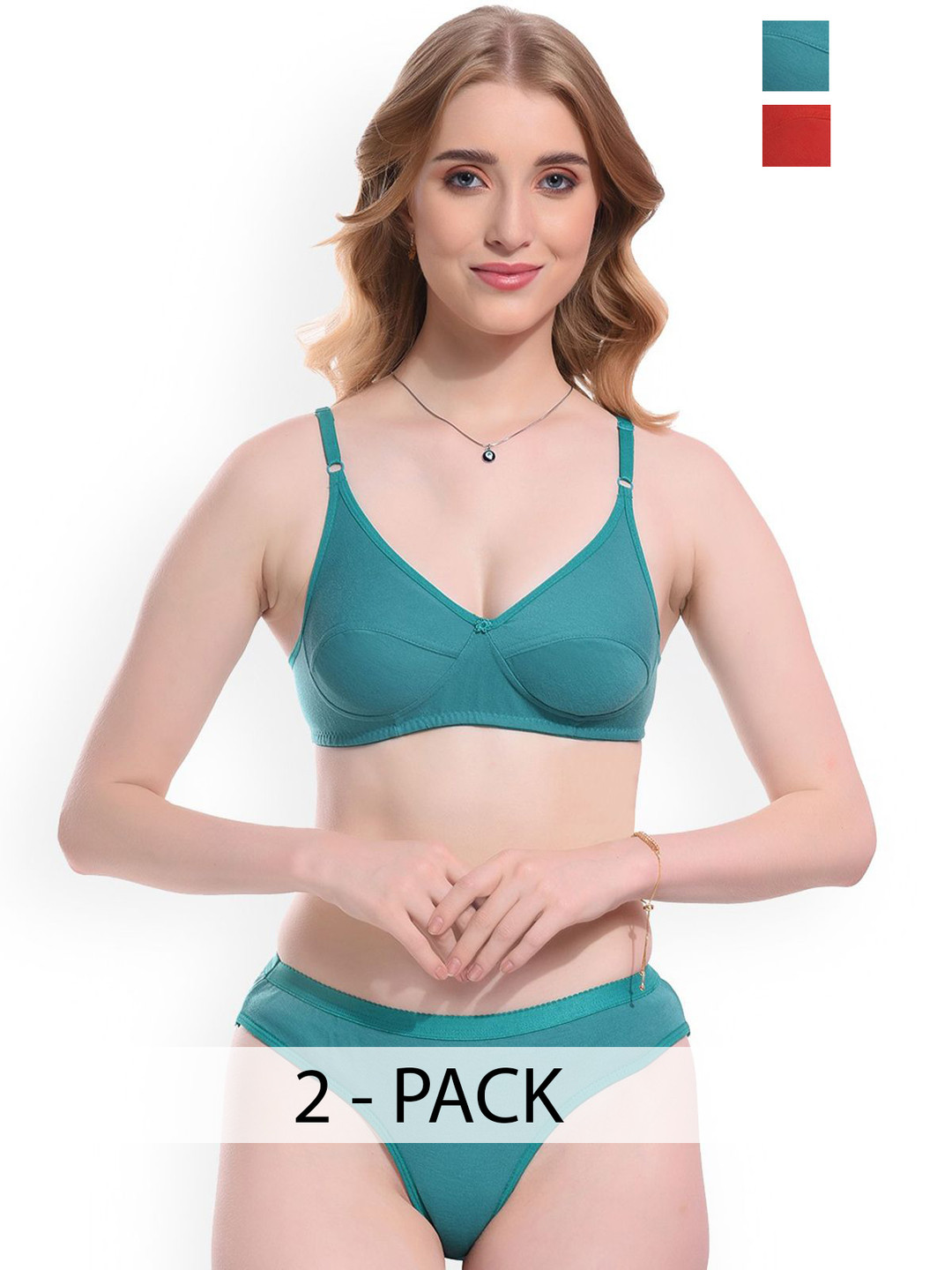 Samvar Pack Of 2 Cotton Non Padded Lingerie Sets Ruchi-Set_R,Mint