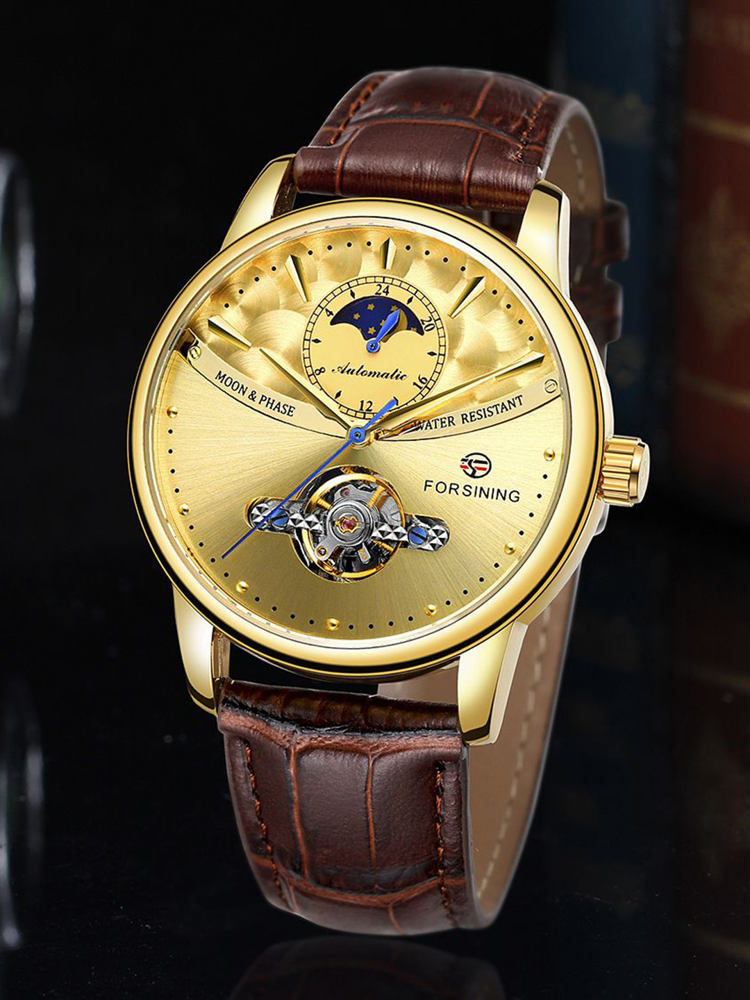 FORSINING Men Classic Moon Phase Mechanical Watch with Leather Strap