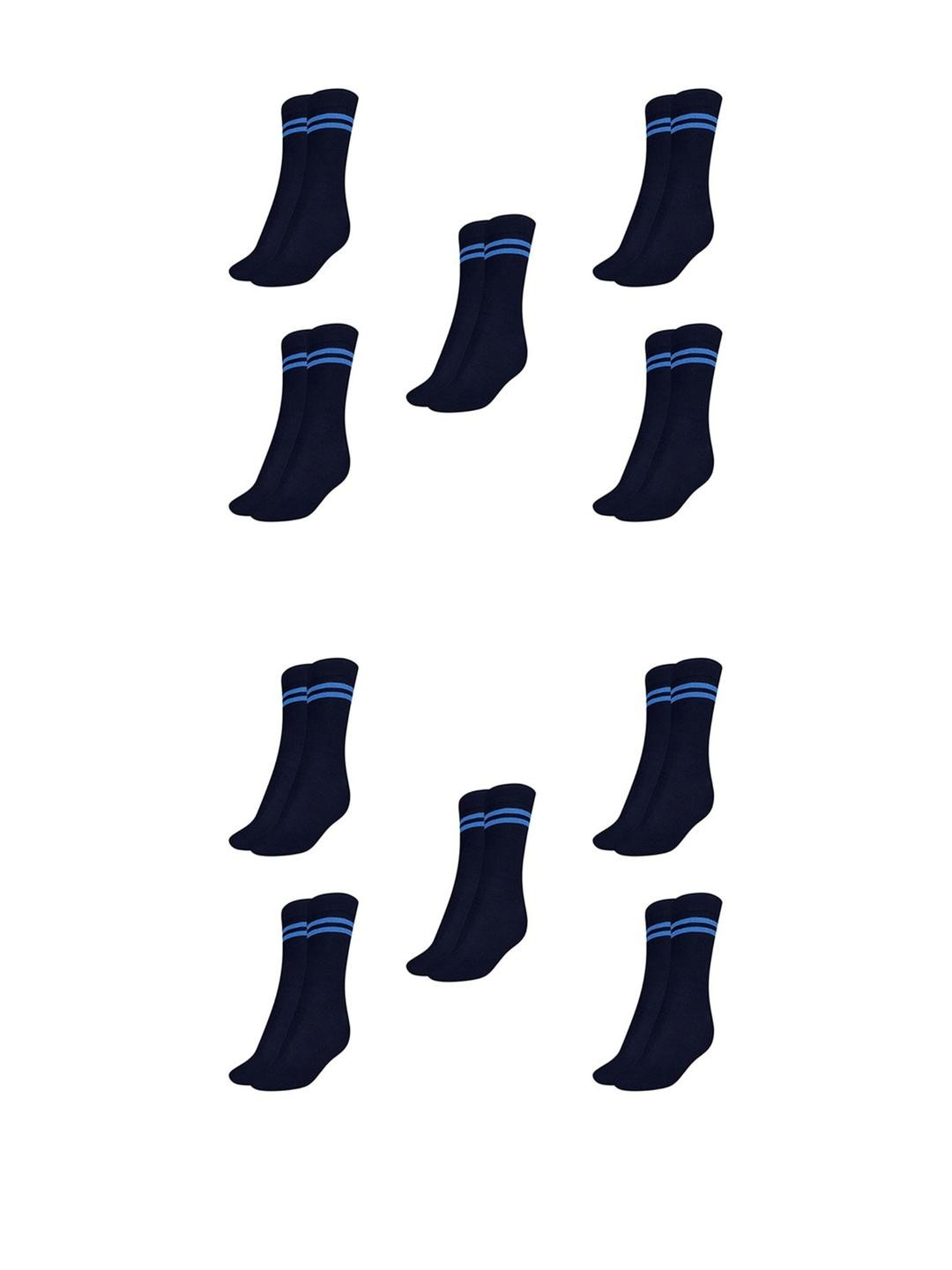 MUKHAKSH Pack of 10 Pair Navy Blue with Sky Blue Stripes Cotton Calf-Length Socks