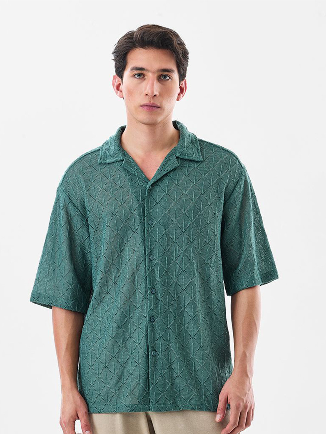 Snitch Oversized Textured Semi Sheer Cuban Collar Knitted Casual Shirt