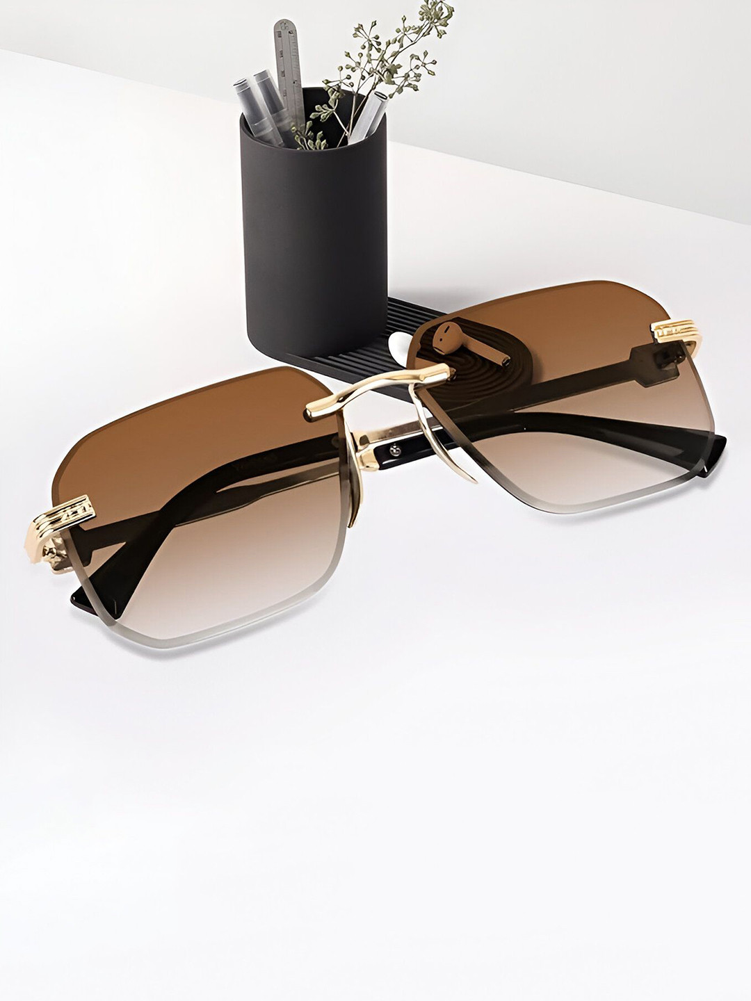 IFLASH Unisex UV Protected Square Rimless Sunglasses WH5580 RIMLESS BROWN