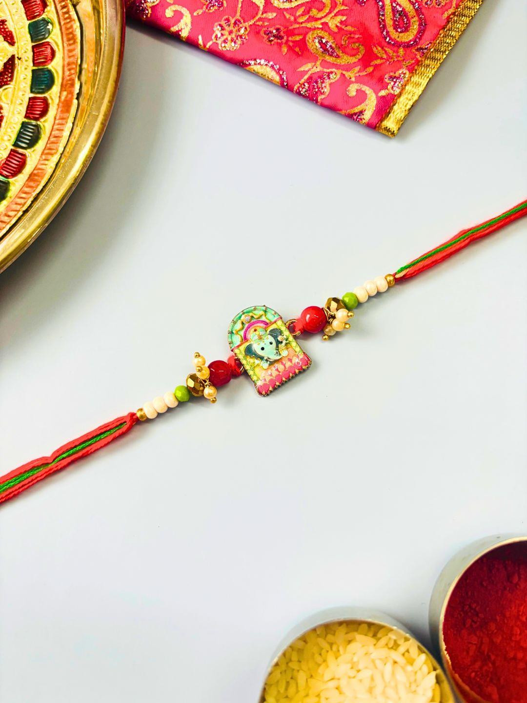 Ganeshji Kundan Handmade Rakhi Traditional Stone Studded & Beaded Thread Rakhi for Brother