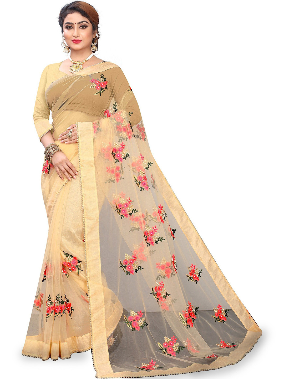PATLANI STYLE Embroidered Net Saree With Unstitched Blouse Piece