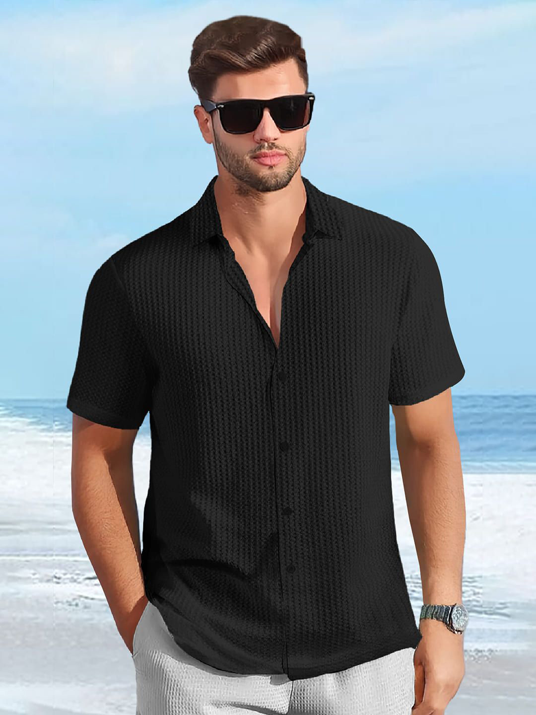 TRIPR Men Textured Spread Collar Cotton Casual Shirt