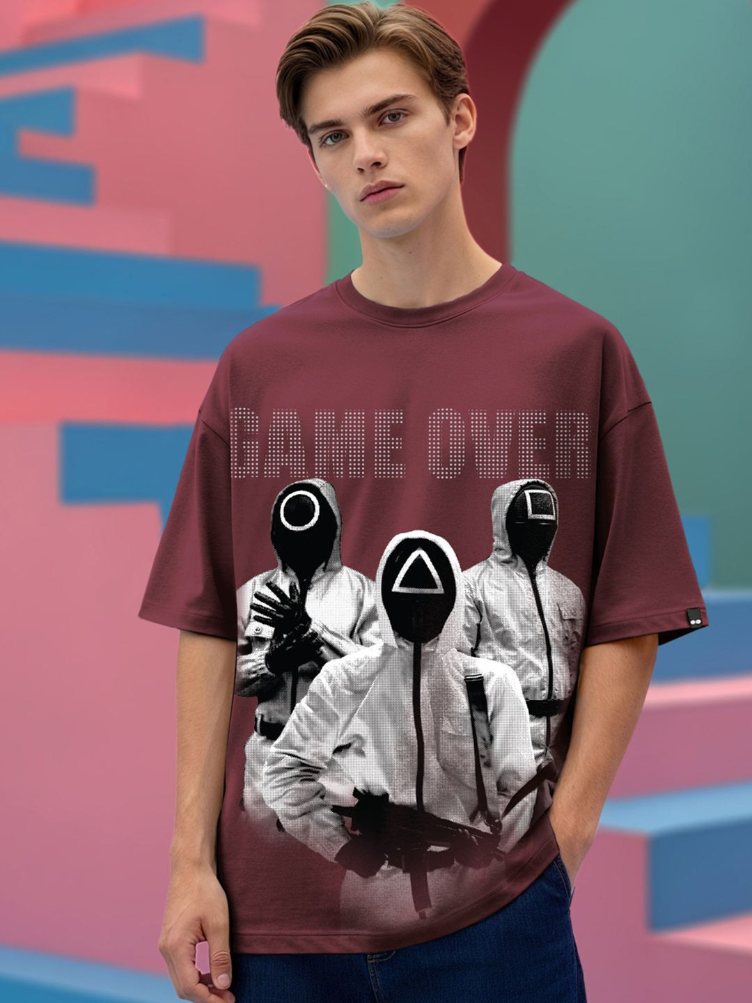 Bewakoof Official Squid Game Merchandise Maroon Game Over Printed Oversized T-shirt