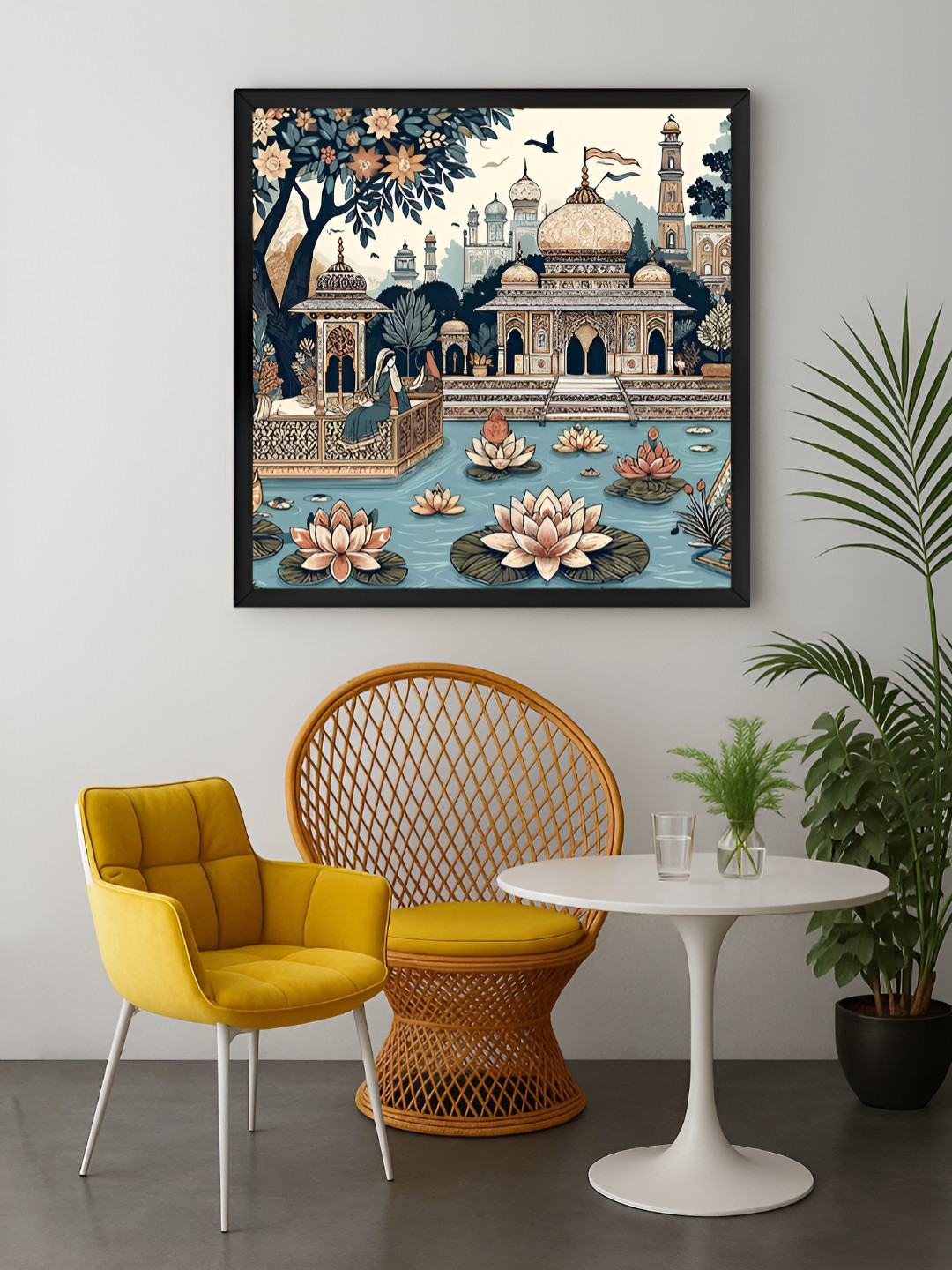 999Store Green & Pink Palace With Lotus Pond Printed Canvas Wall Art