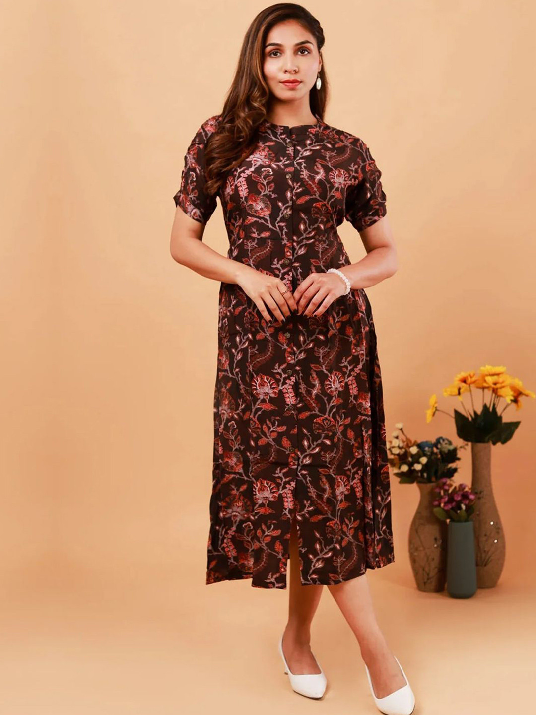 NEED APPARELS Floral Print Mandairan Coller Fit & Flare Midi Dress