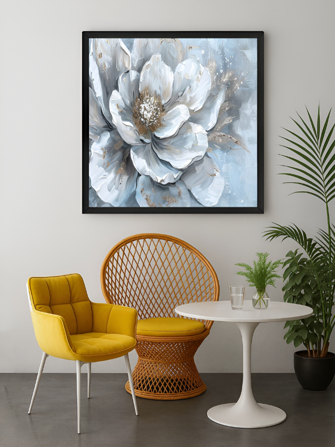 999Store Blue & Off White Flower With Abstract Effect Canvas Wall Art
