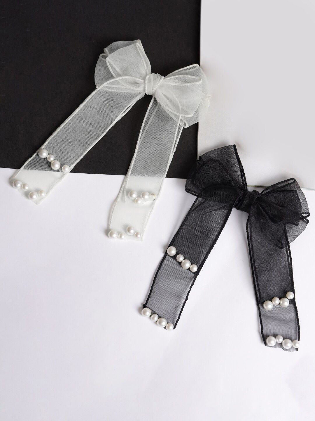 LYKAA Set of 2 Black & White Hair Ribbon Pearl Bows with Alligator Clip