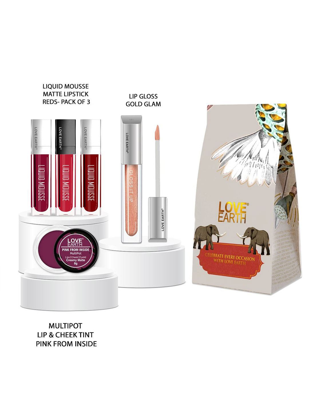 LOVE EARTH Set of Liquid Mousse Matte Lipstick with Lip Gloss & Lip-Cheek Tint