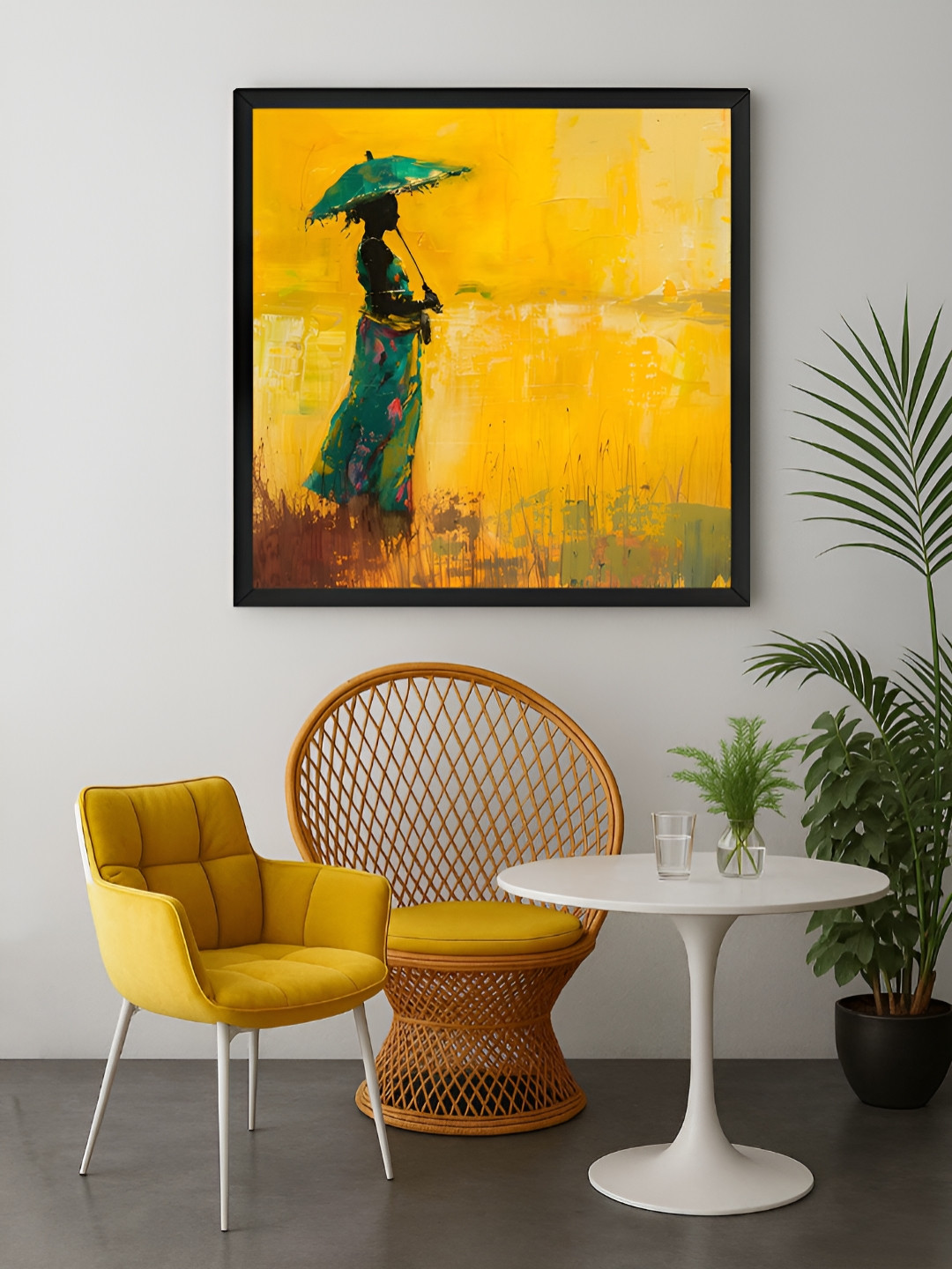 999Store Yellow & Green Lady With Umbrella Printed Canvas Wall Art
