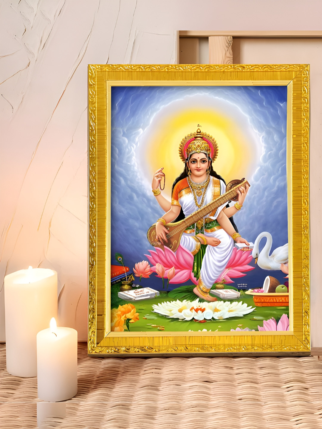 Art Street Gold Toned & Blue Maa Saraswati Printed Photo Frame