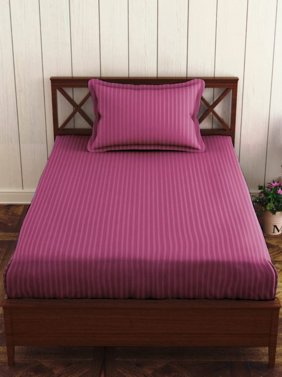 Trance Home Linen Pink Striped Pure Cotton 200 TC Single Bedsheet Set-2.54 m x 1.52 m