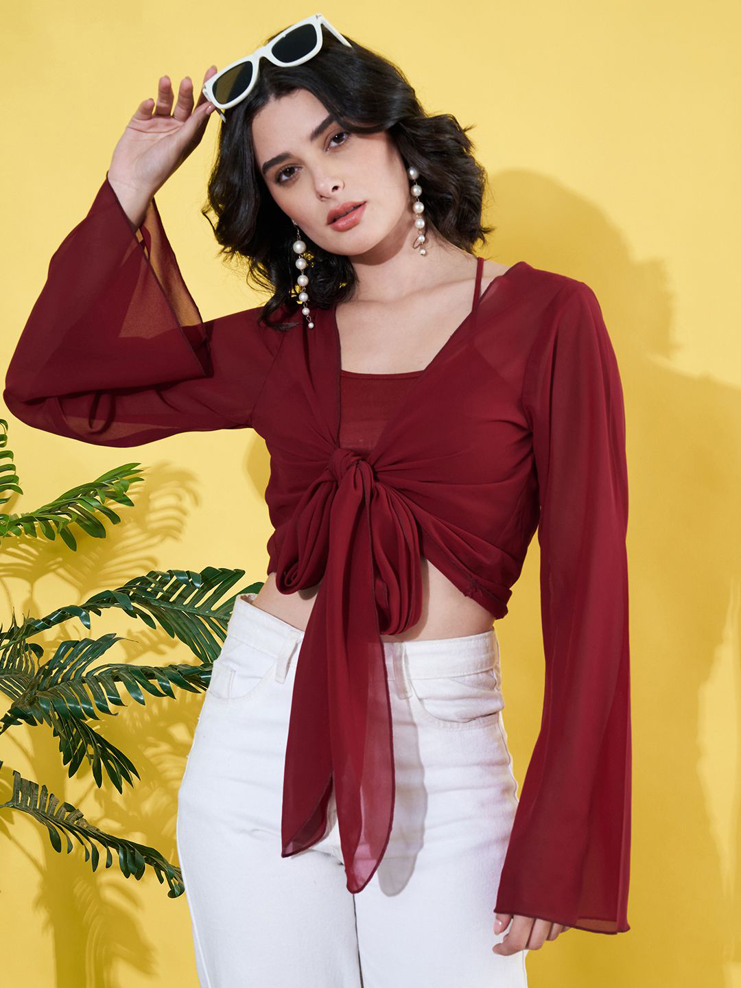 ANVI Be Yourself Solid Long Sleeves Georgette Open Front Tie-ups Shrug