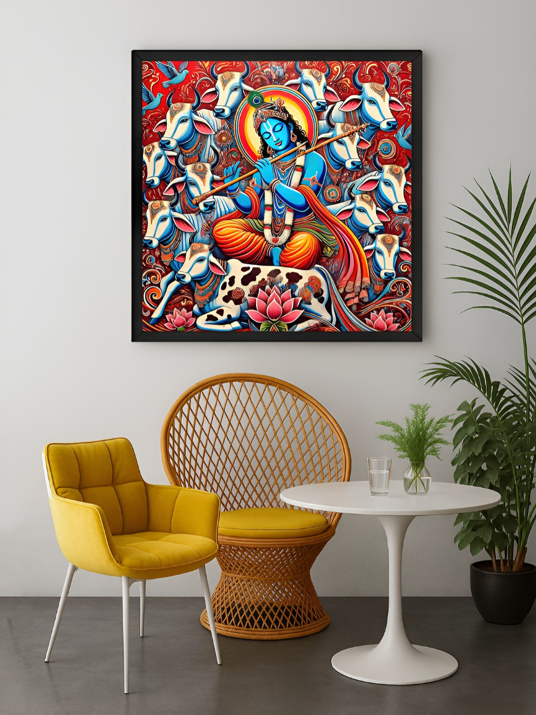 999Store Red & Off White Lord Krishna Playing The Flute Printed Canvas Wall Art