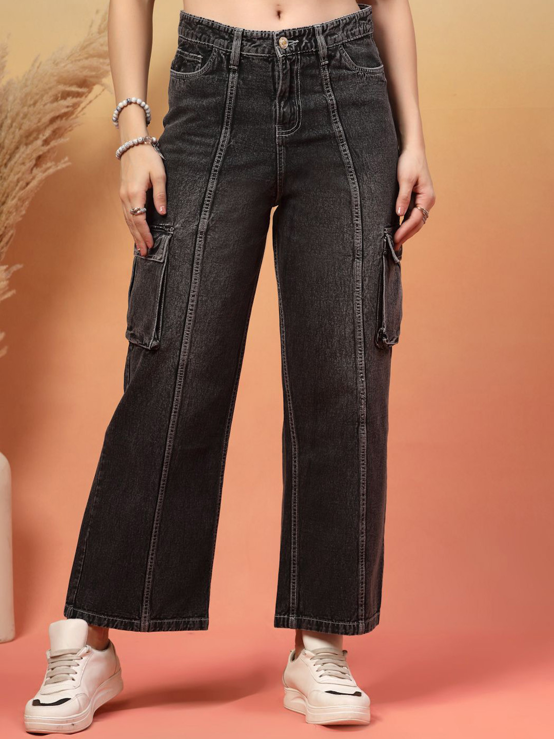 COSMIC Women Solid Relaxed Fit High-Rise Flat-Front Cargos Trousers