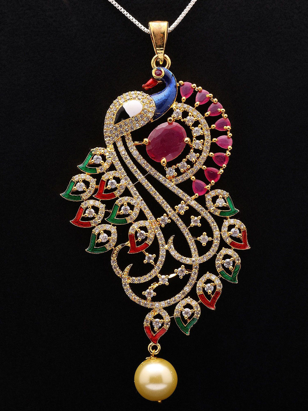 Exotic India Stone-Studded & Pearl Beaded Peacock Jewellery Set