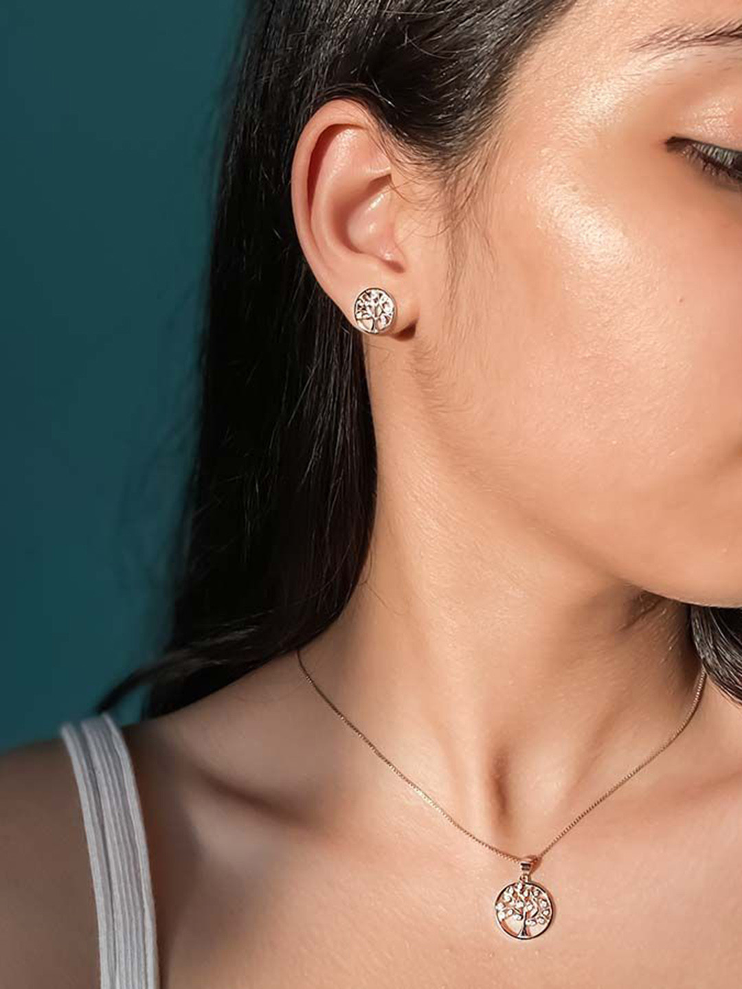 INARI SHINES 925 Sterling Silver Rhodium-Plated Zircon Studded Tree of Life Jewelry Set