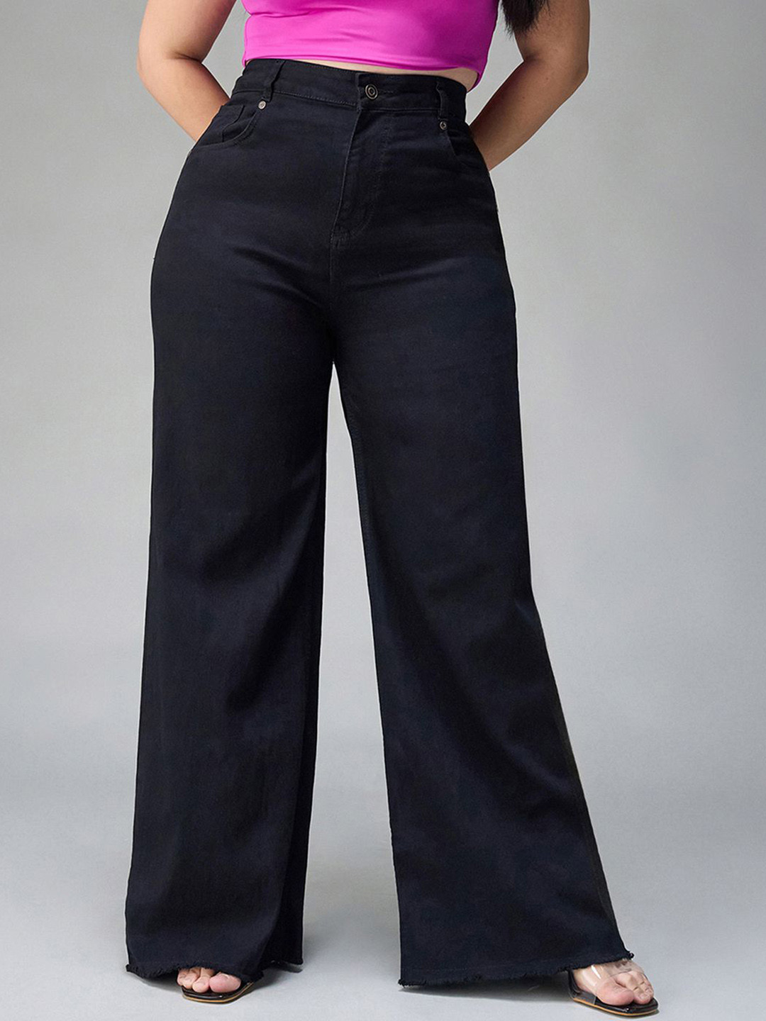 Miss Chase A+ Plus Size Women's Black High Rise Clean Look Stretchable Wide Leg Denim Jeans