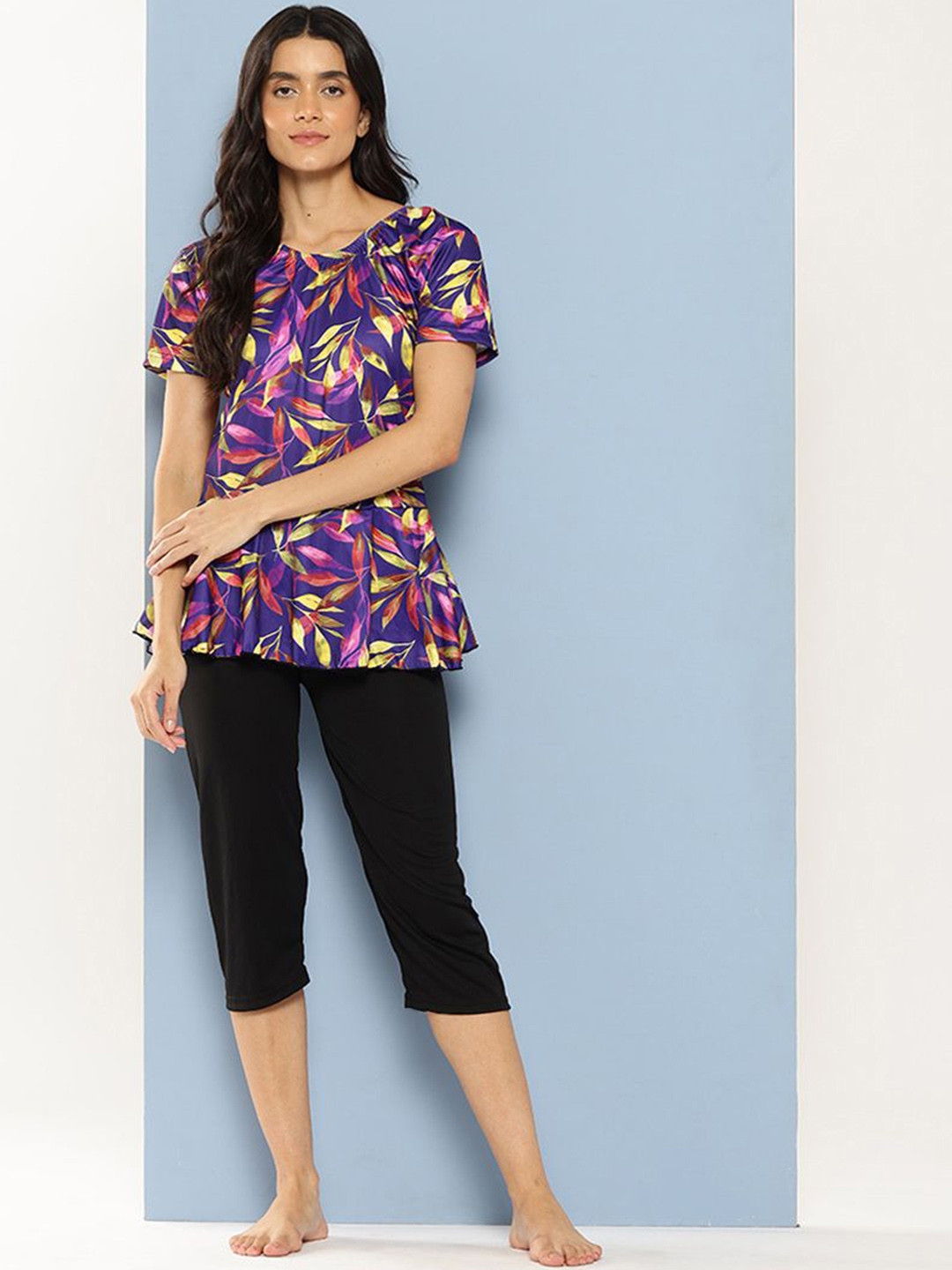 BAESD Leaf Printed Round Neck Swim Set With Cap