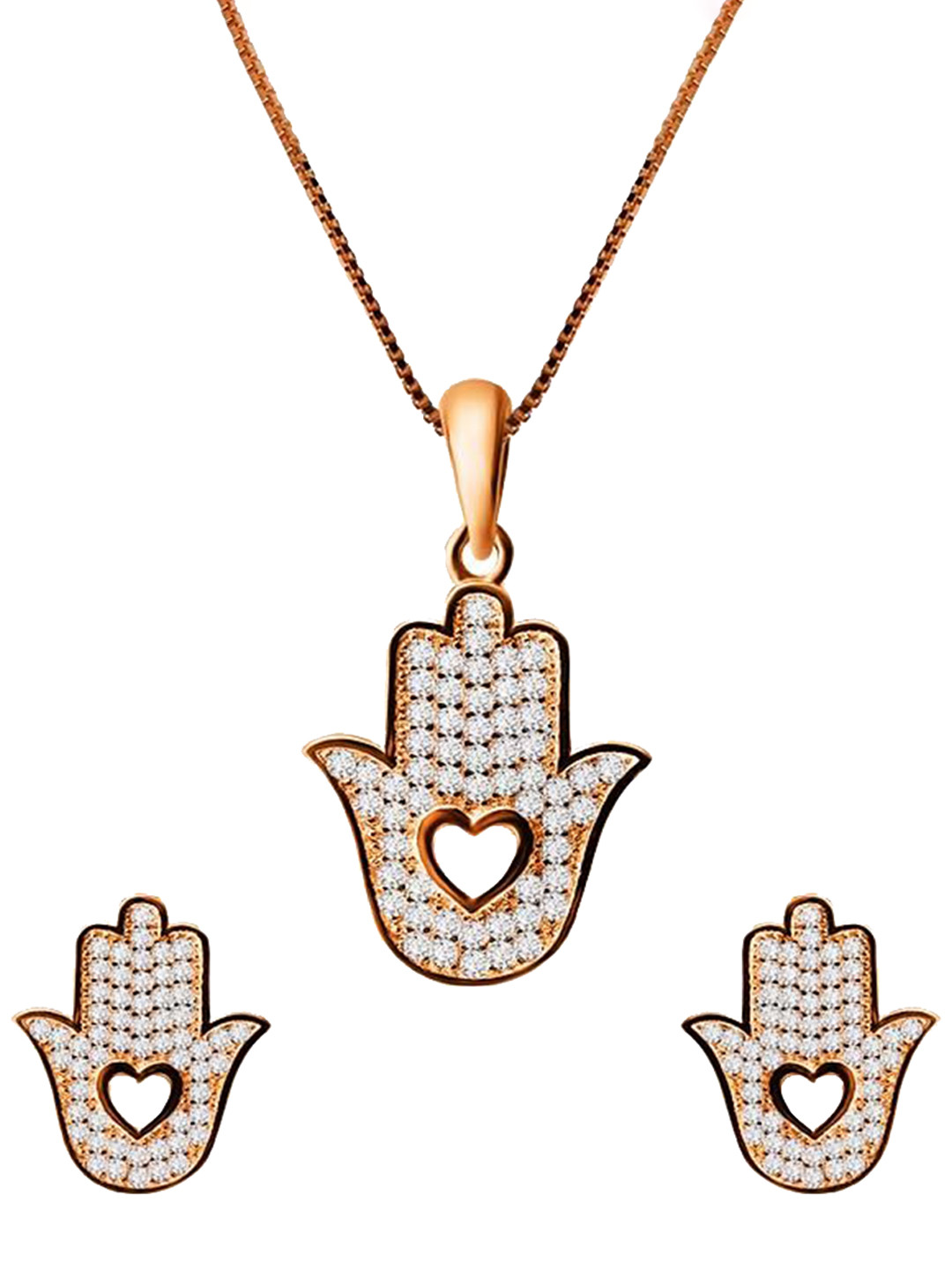 INARI SHINES 925 Sterling Silver Rose Gold-Plated Zircon Studded Hamsa Hand Jewellery Set