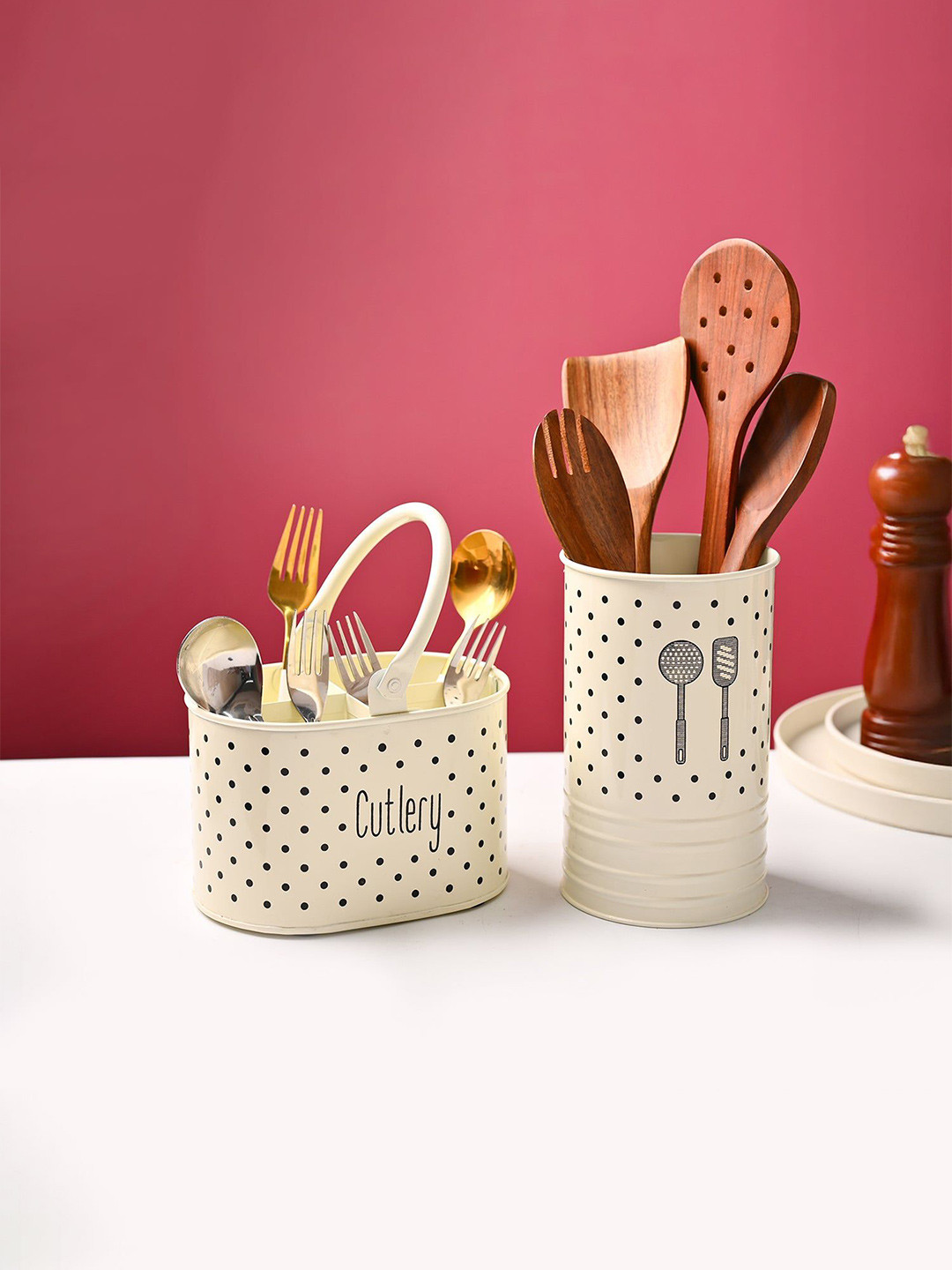 MARKET99 Cream-Colored 2 Pieces Polka Dot Printed Glossy Finish Cutlery & Ladle Holder
