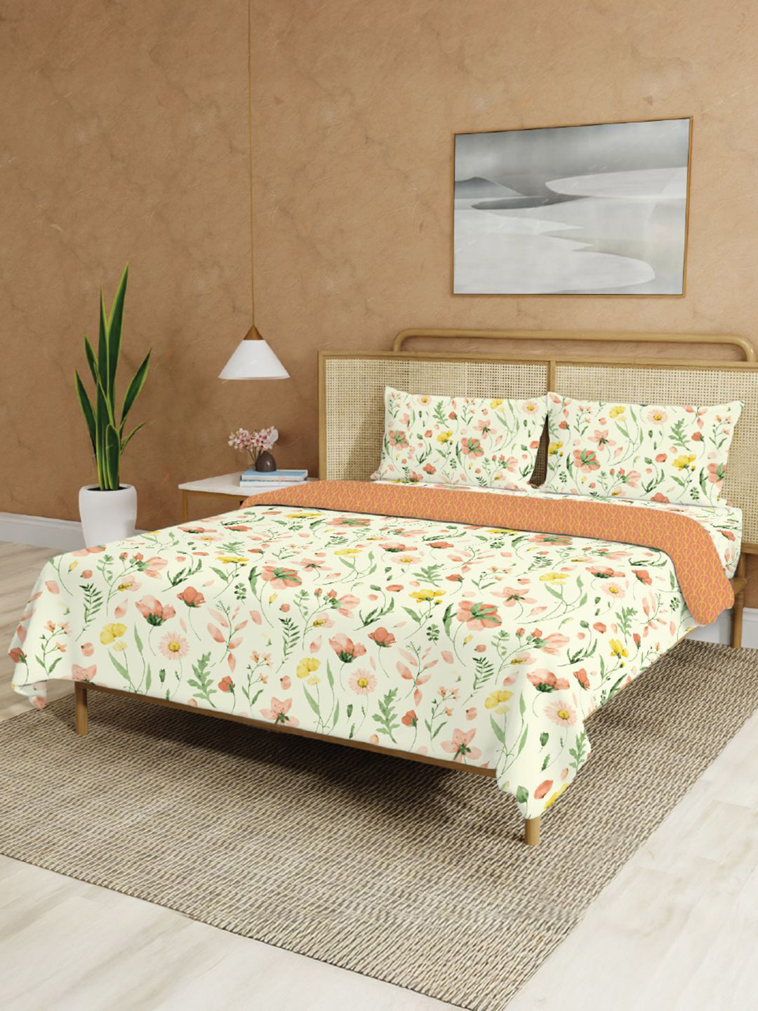 URBAN SPACE Meadows Cream Colored Printed Pure Cotton Double Queen Superfine Bedding Set
