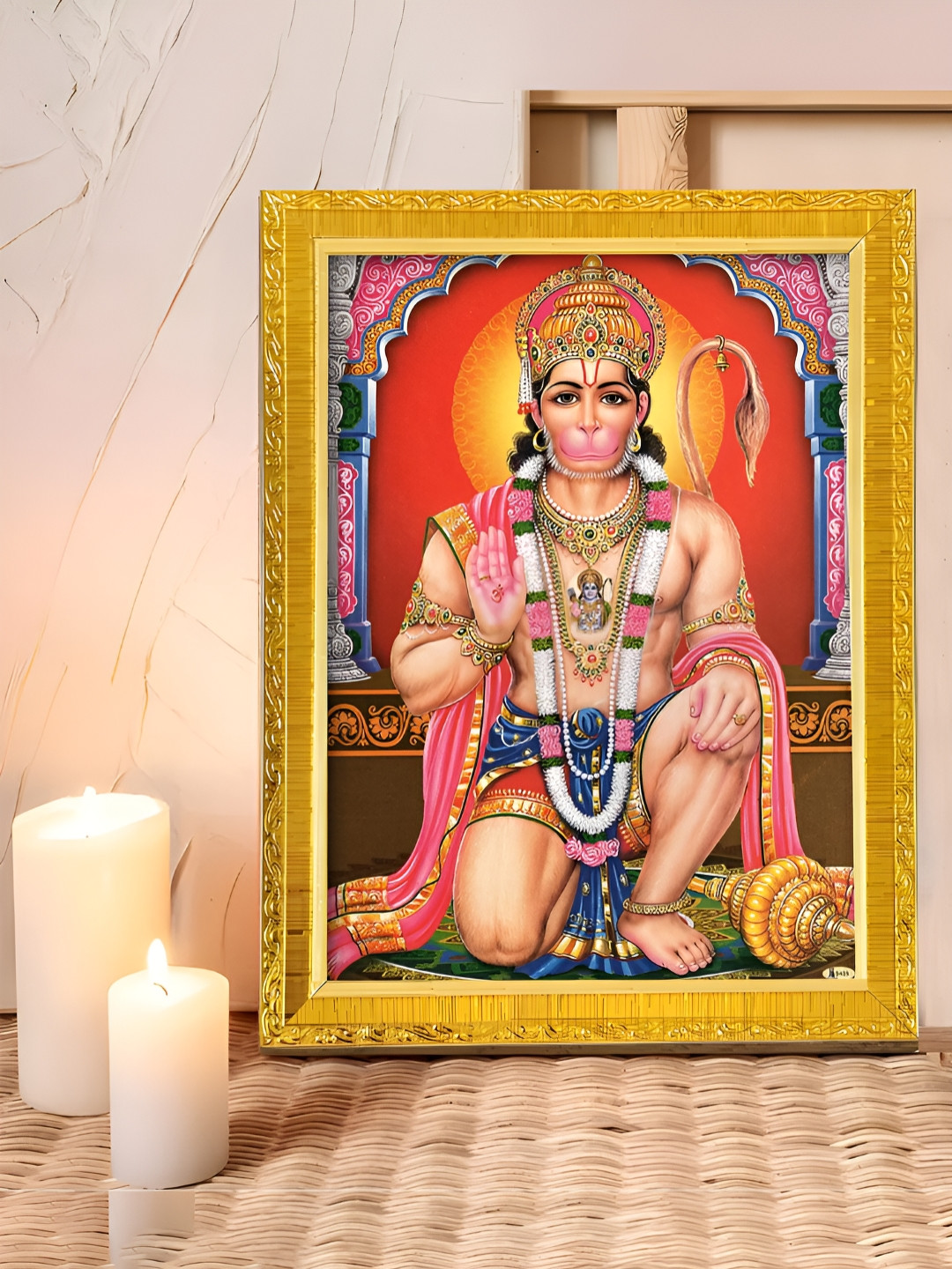 Art Street Gold Toned & Orange Coloured Lord Hanuman Printed Photo Frame