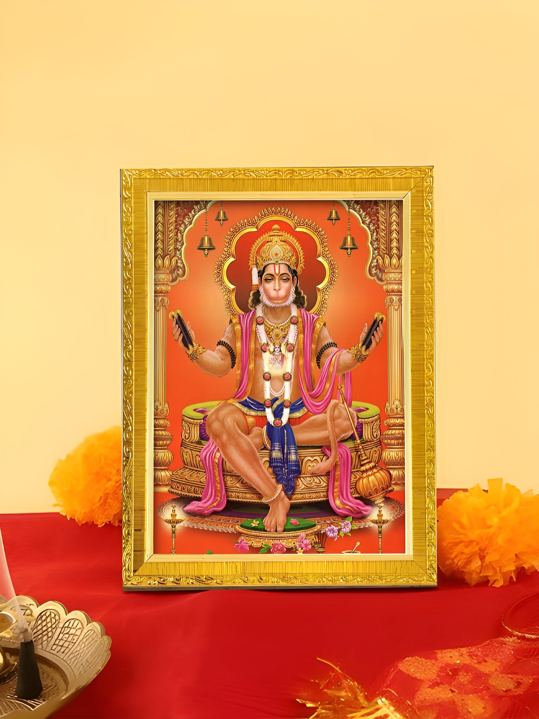 Art Street Gold Toned & Orange Colored Lord Hanuman Printed Photo Frame