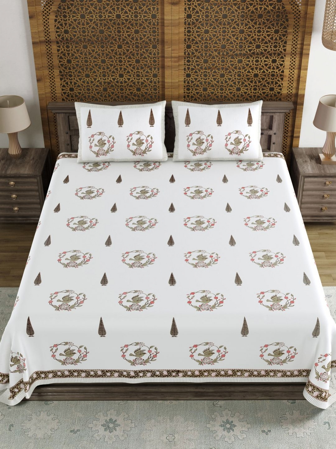 Sangria Beige Printed 210 TC Pure Cotton Super King Bedsheet Set - 2.74 x 2.74 m