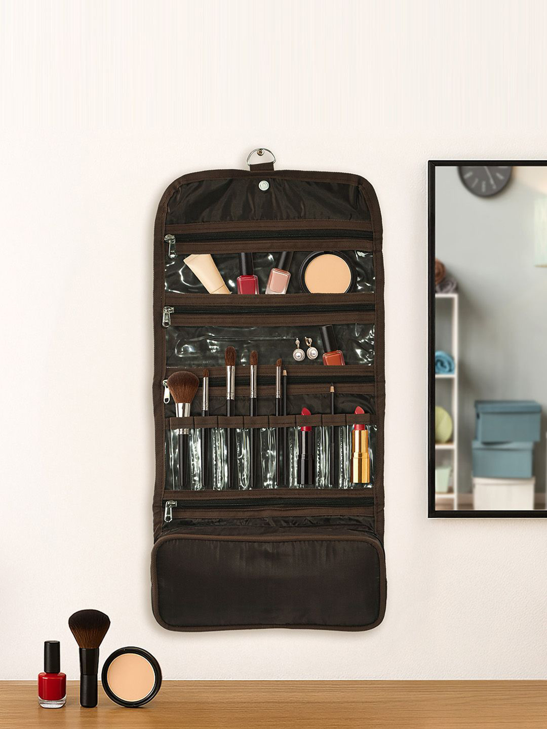 Kuber Industries Brown Parachute Hanging Makeup Kit with Snap Button Organiser