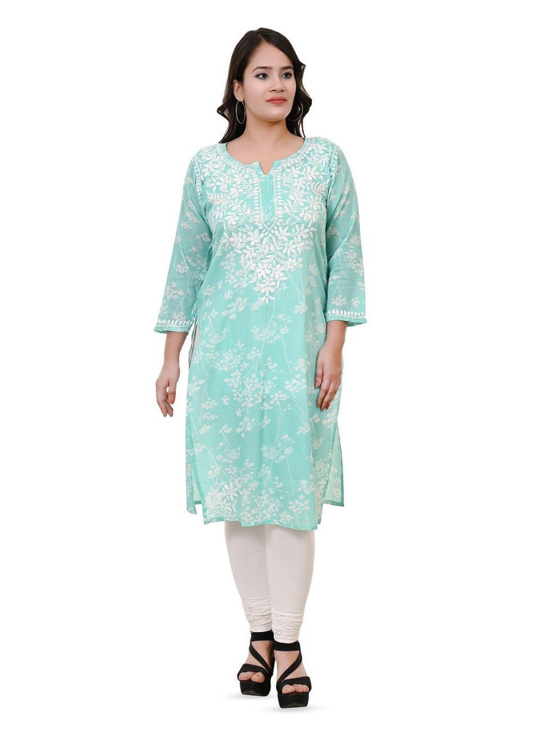THREAD FIESTA Floral Woven Design Notch Neck Cotton Chikankari Straight Kurta