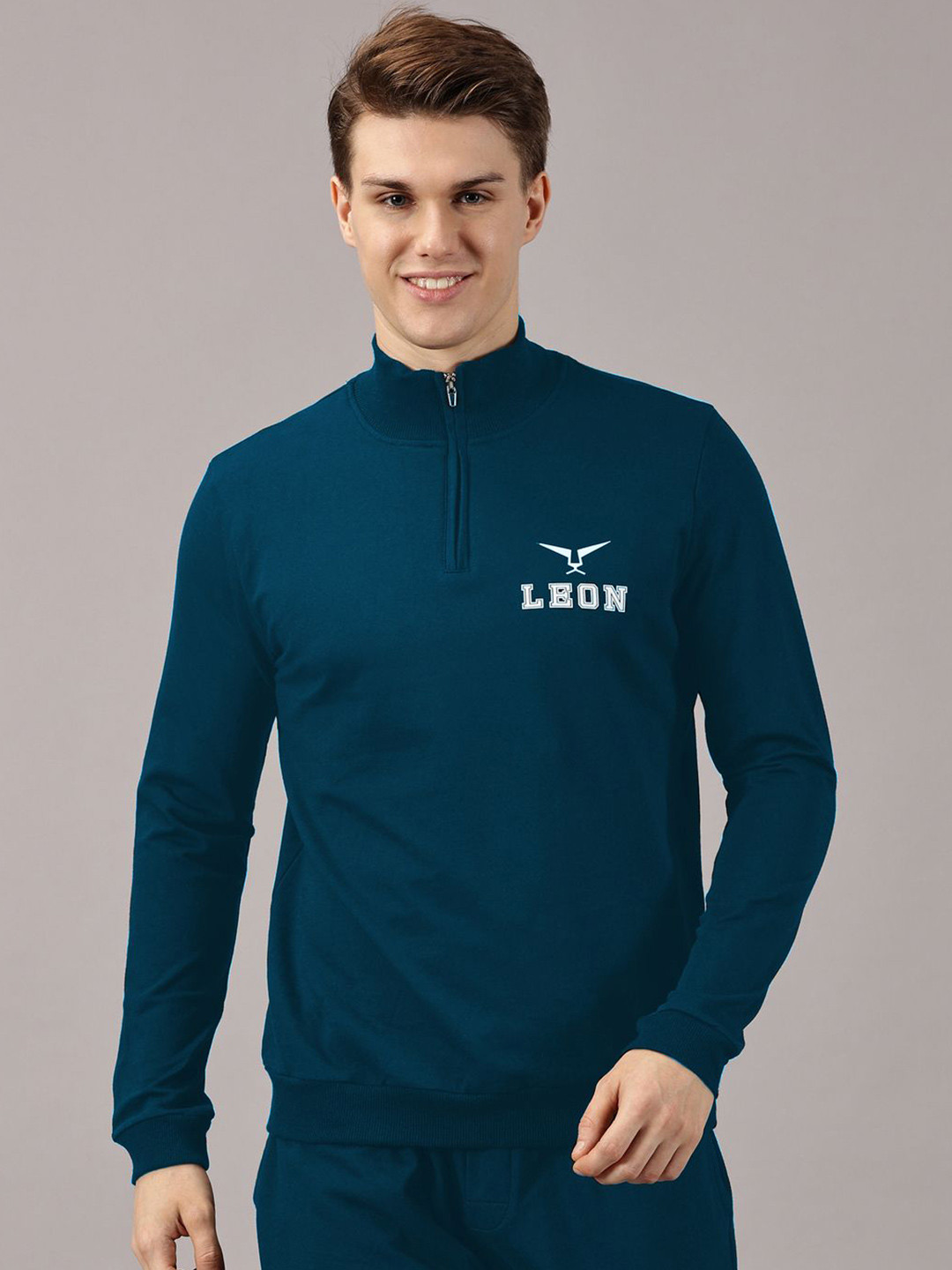 LEON Men Brand Logo Printed High Neck Half Zipper Sweatshirt