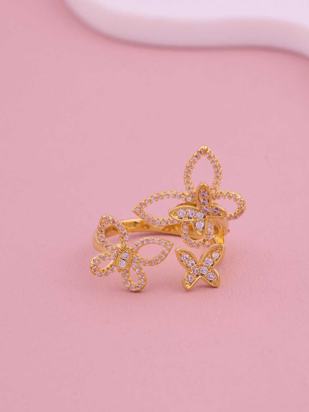 GC PREMIUM JEWELLERY Stainless Steel Gold-Plated CZ Studded Triple Butterfly Finger Ring