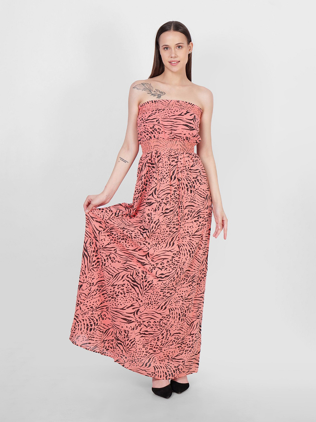 DRIRO Women Animal Printed Smocked Bandeau Maxi Dress