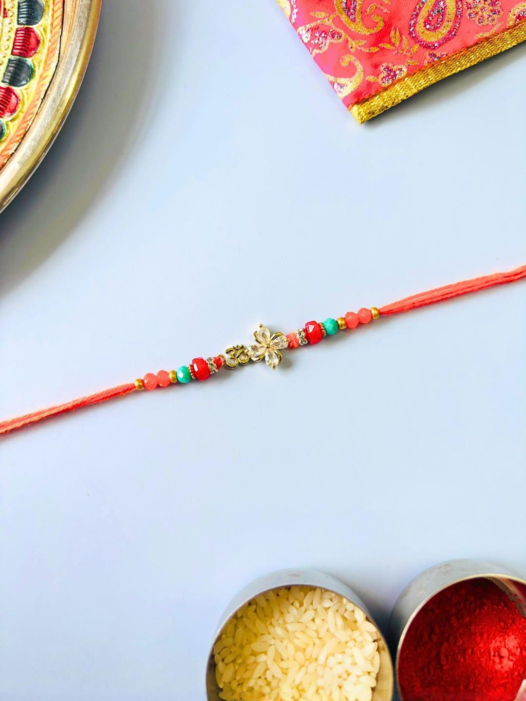 American Diamond Floral Accent Handmade Rakhi Traditional Stone Studded & Beaded Thread Rakhi for Brother