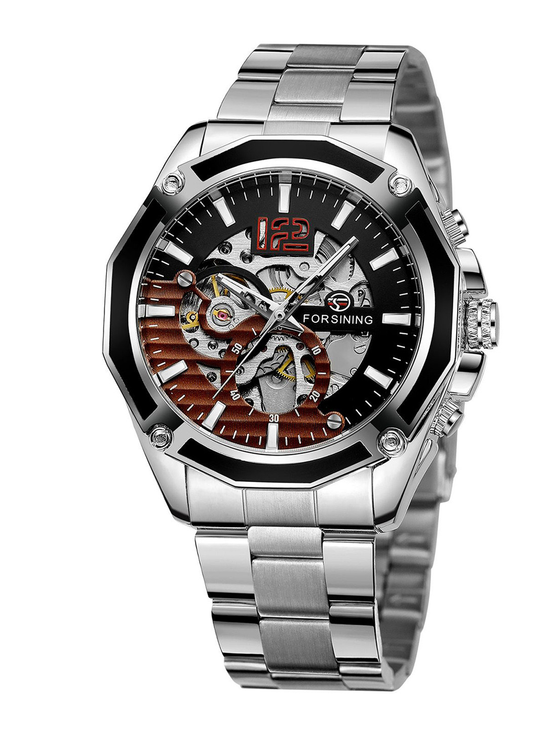 FORSINING 3D Blue Hardlex Glass Men Transparent Sport Mechanical Automatic Wrist Watch