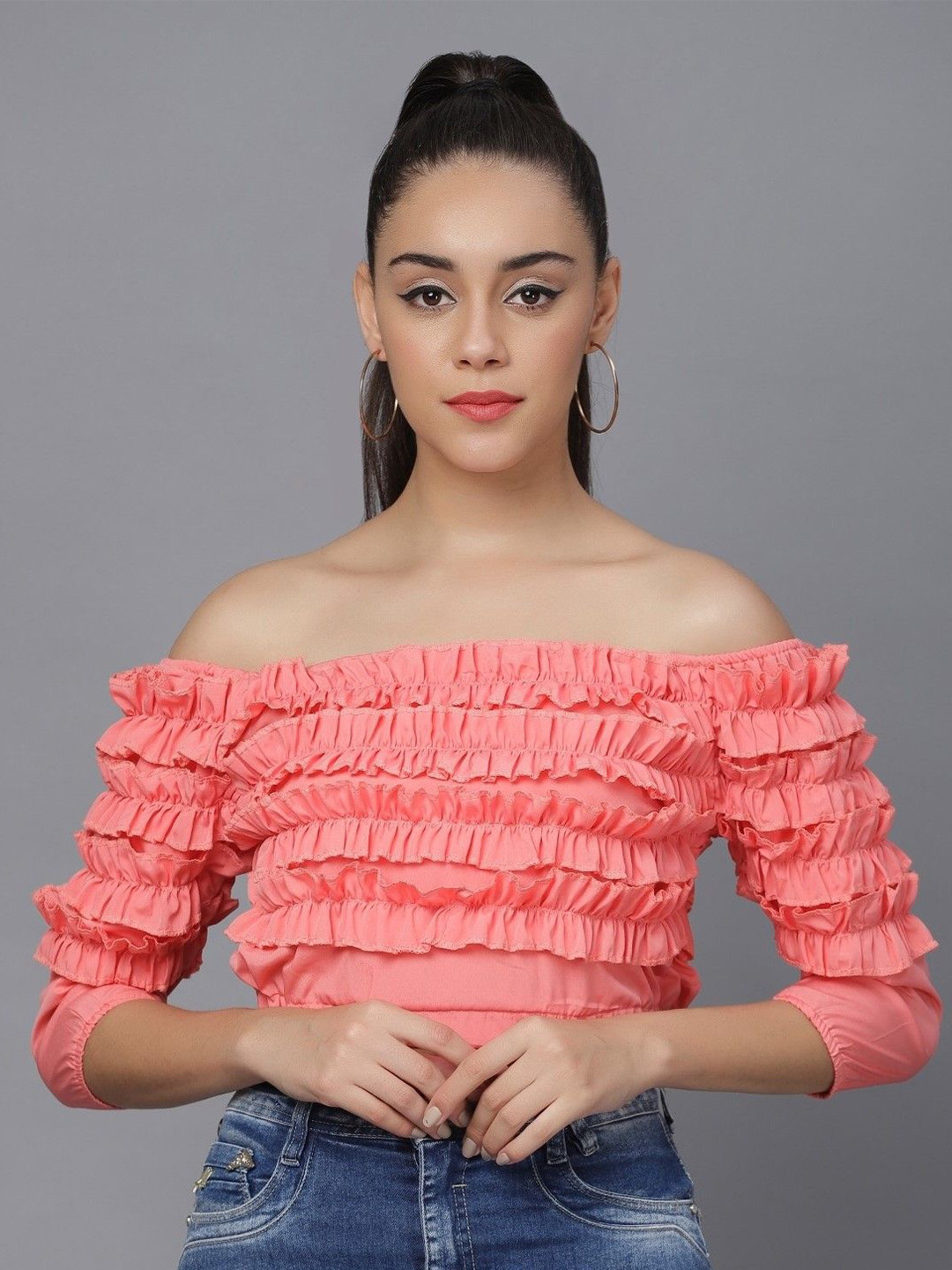 BAESD Women Self Design Off Shoulder Smoking Crop Bardot Top