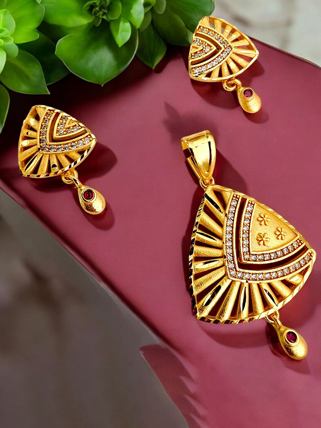 RAJASTHANI GAHANA 1 Gram Micro Gold Plated Cubic Zirconia Studded Pendant Set