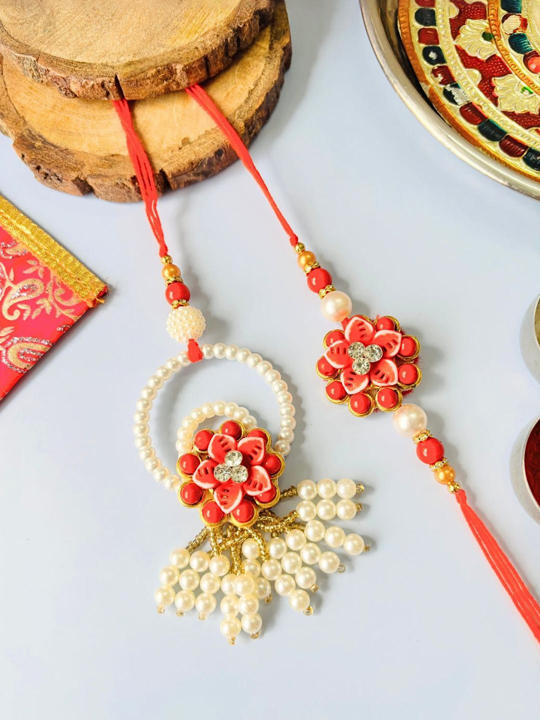 Set of 2 Red and White Pearl Lumba Rakhi Set for Bhaiya Bhabhi Traditional Handmade Set of 2 pcs Rakhi and Lumba for Brother and Sister in Law with tie-up closure