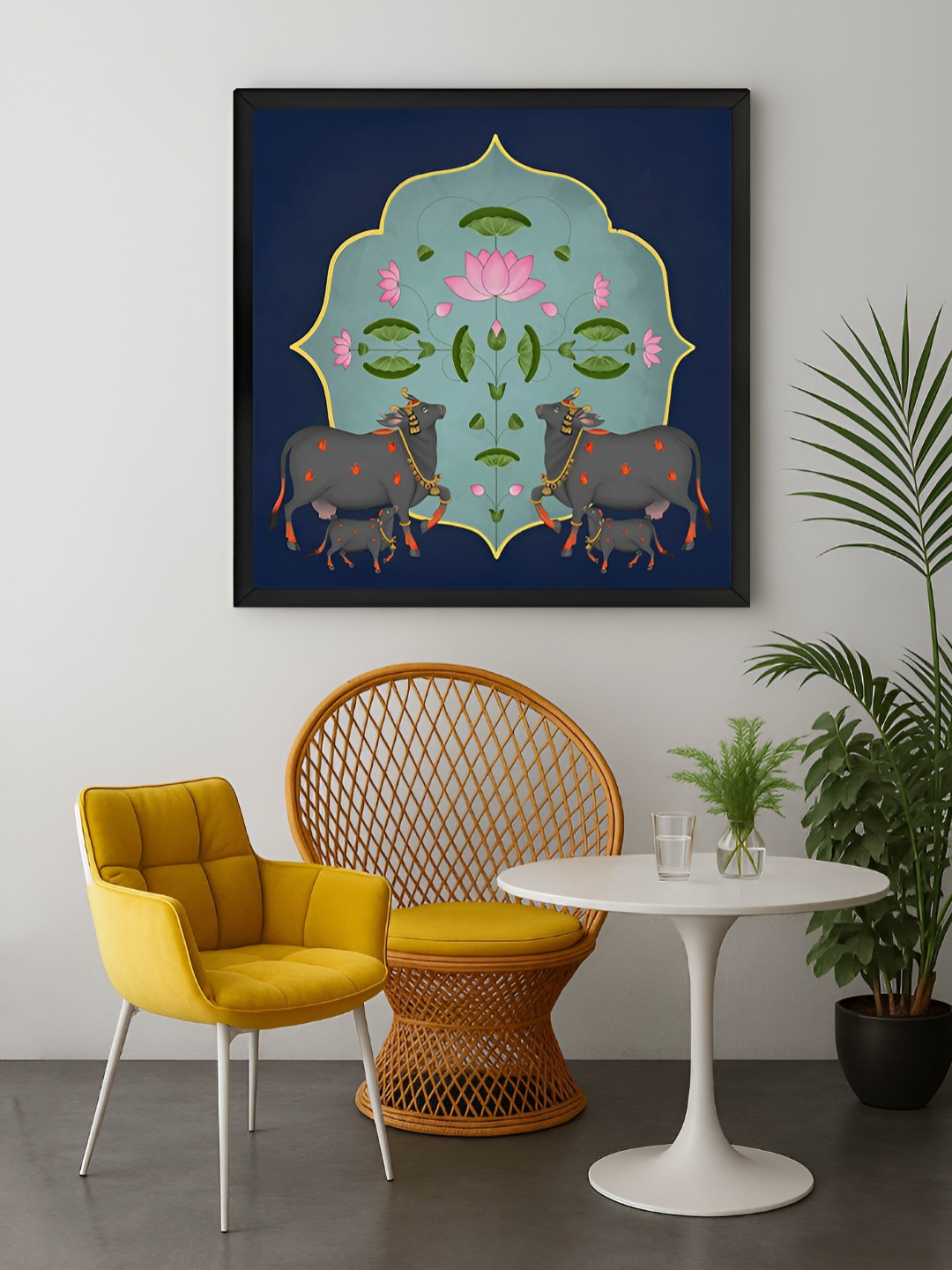 999Store Navy Blue & Pink Cows & Lotus Printed Canvas Wall Art