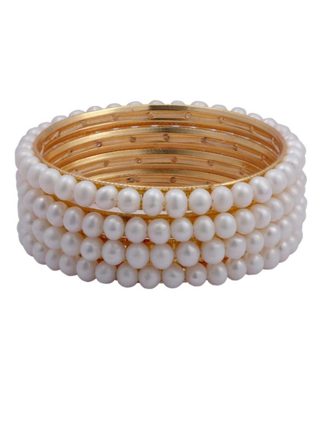 D.D Pearls Set Of 4 Gold Plated Pearls Beaded Round Bangles