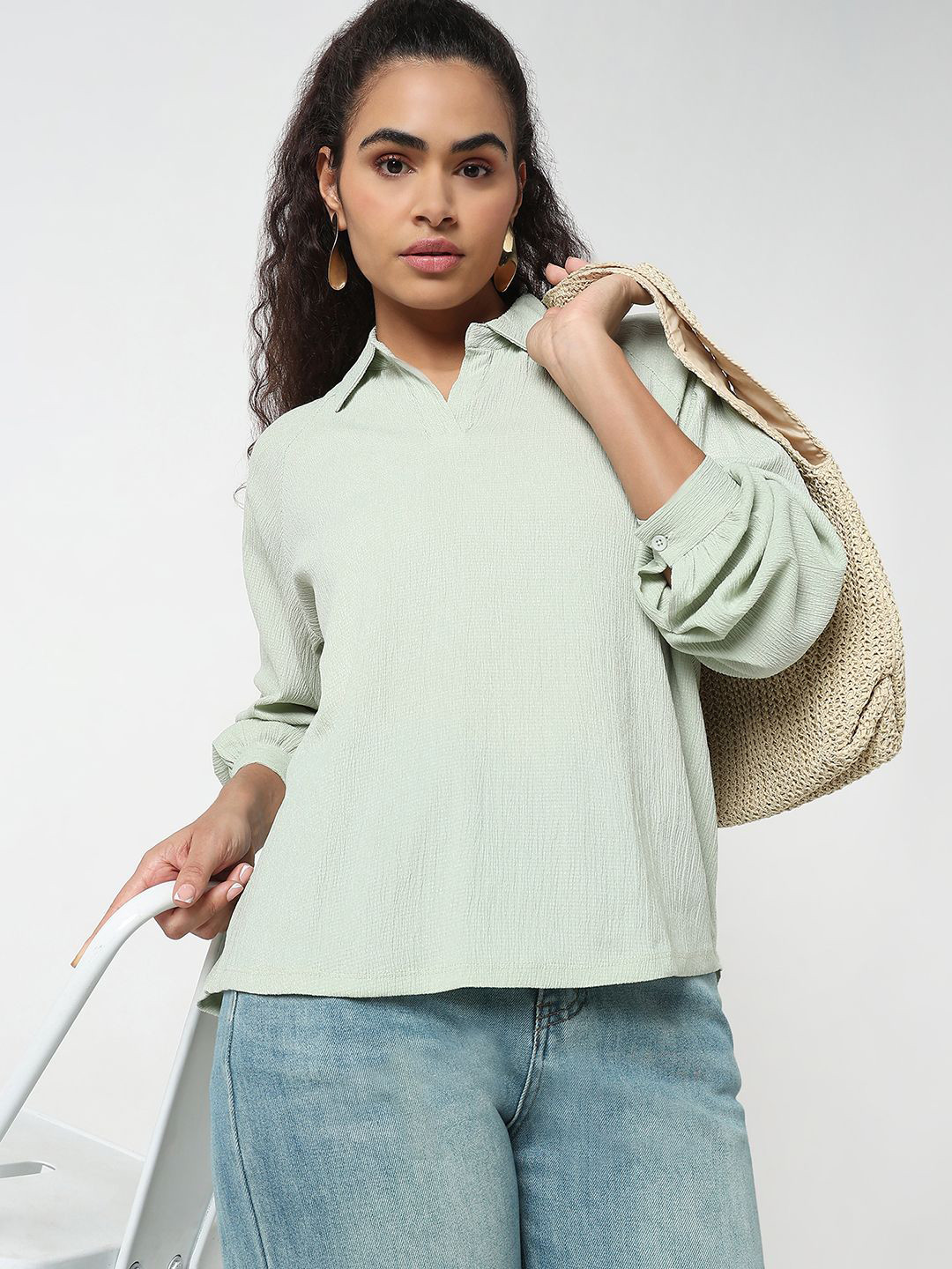 R&B Women Textured Printed Shirt Style Top