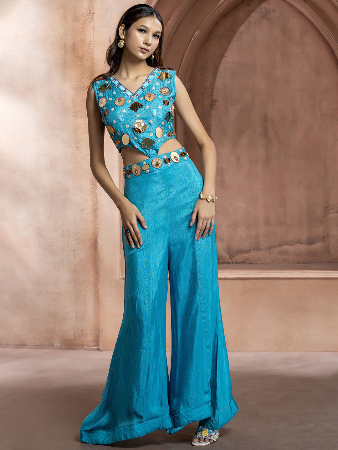 GloballyRonakRBafna Embroidered Beads & Stones Silk Basic Jumpsuit
