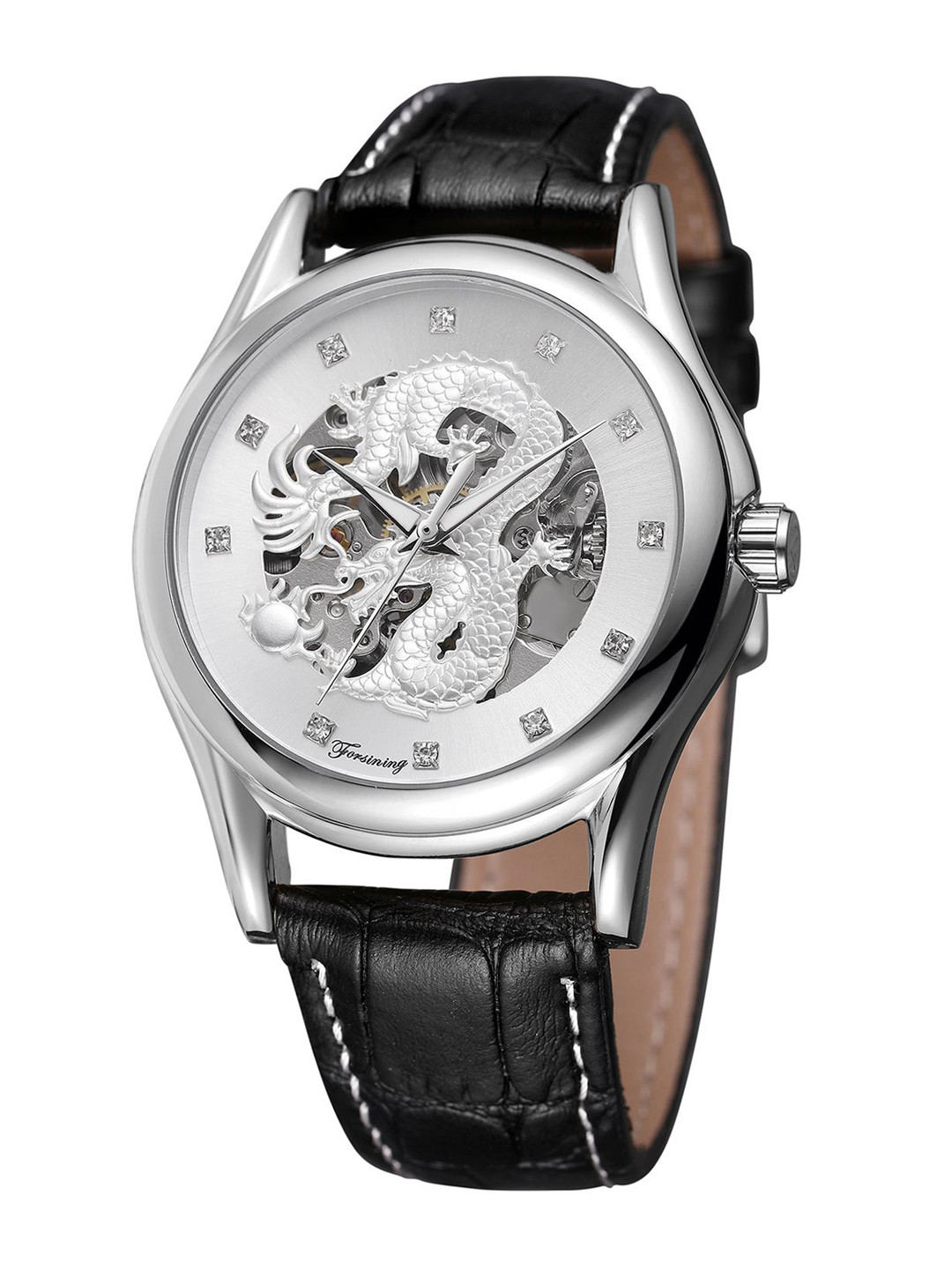 FORSINING Men Dragon Pattern Watch with Leather Strap Skeleton Dial