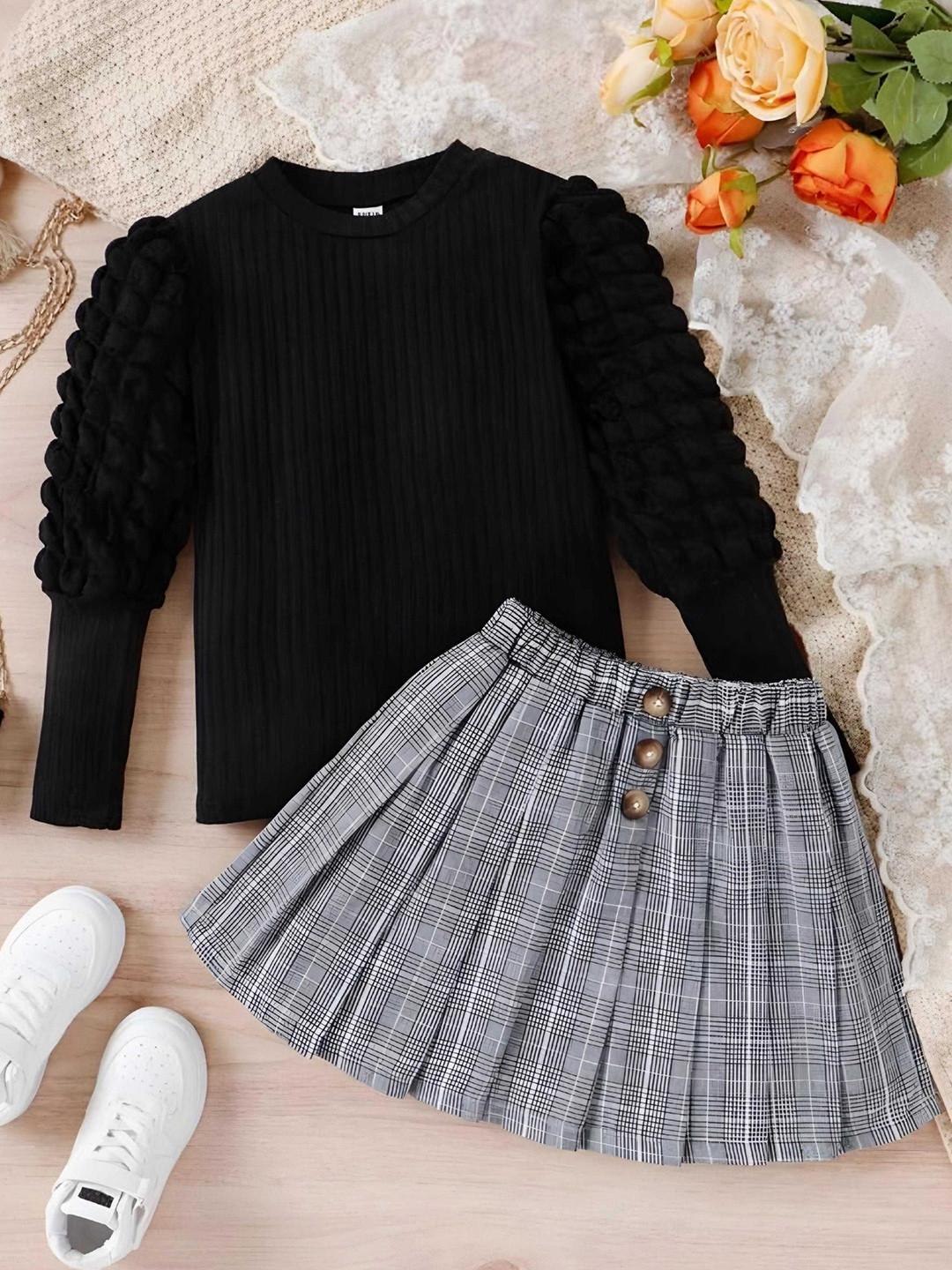 BR WORLD COLLECTION Girls Self Design Round Neck Top With Skirt