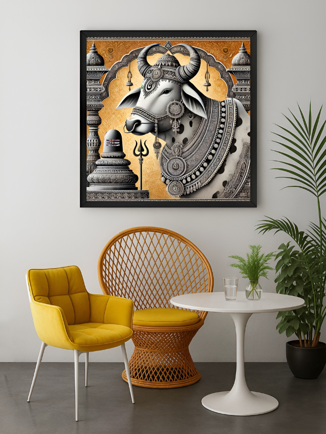 999Store Grey & Yellow Nandi Bull With Lingam Religious Canvas Wall Art