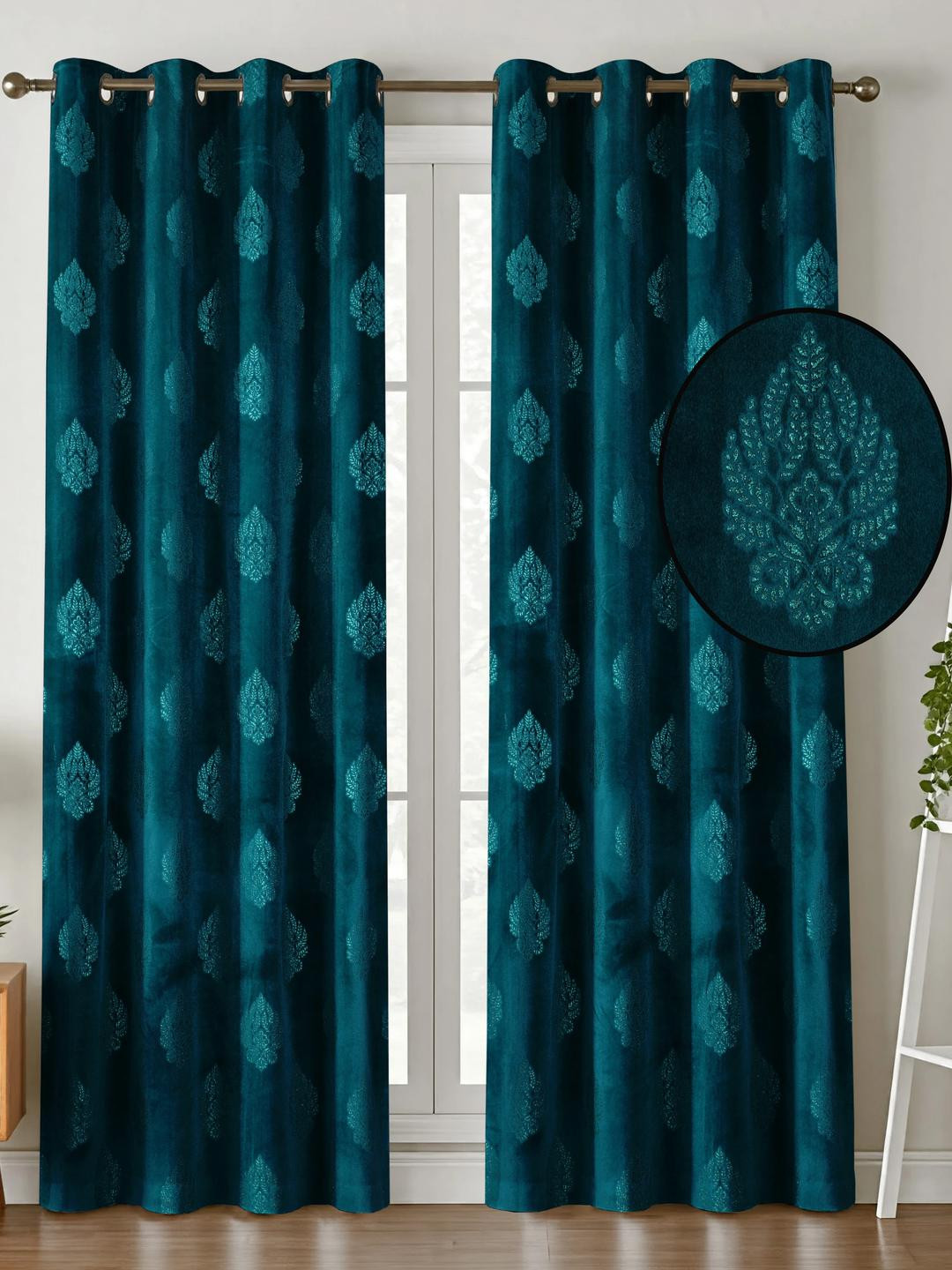 IVAZA Navy Blue Floral Black Out Door Curtain - Set Of 2